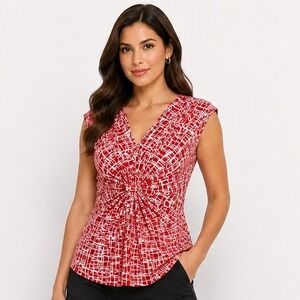 Rafaella Blouse XL Red White Geometric Knot Front V-Neck Sleeveless Top